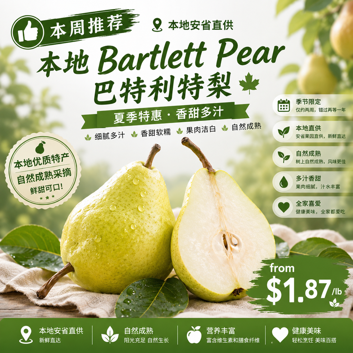 尝鲜【本地】巴特利特梨(大)